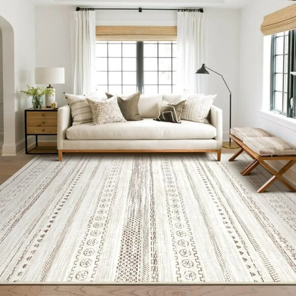 New 5x7 Brown Area Rug, Washable, Non-Slip Moroccan Geometric Carpet for Room